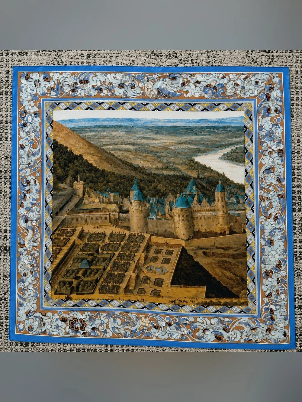 Vintage Heidelberg Castle 100% Silk Scarf 34x34 Blue Baroque Germany Travel CC